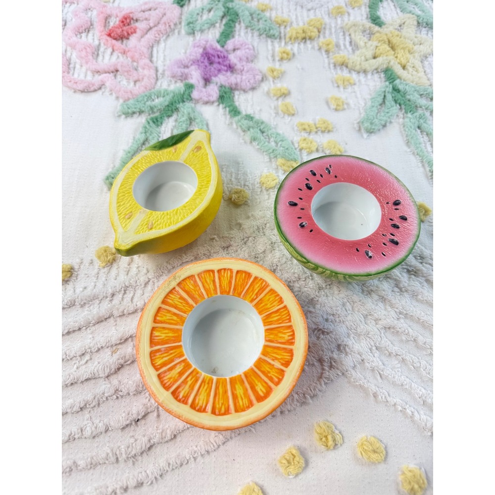 PartyLite Ceramic Fruit Tea Light Candle Holders Set Watermelon Lemon Orange